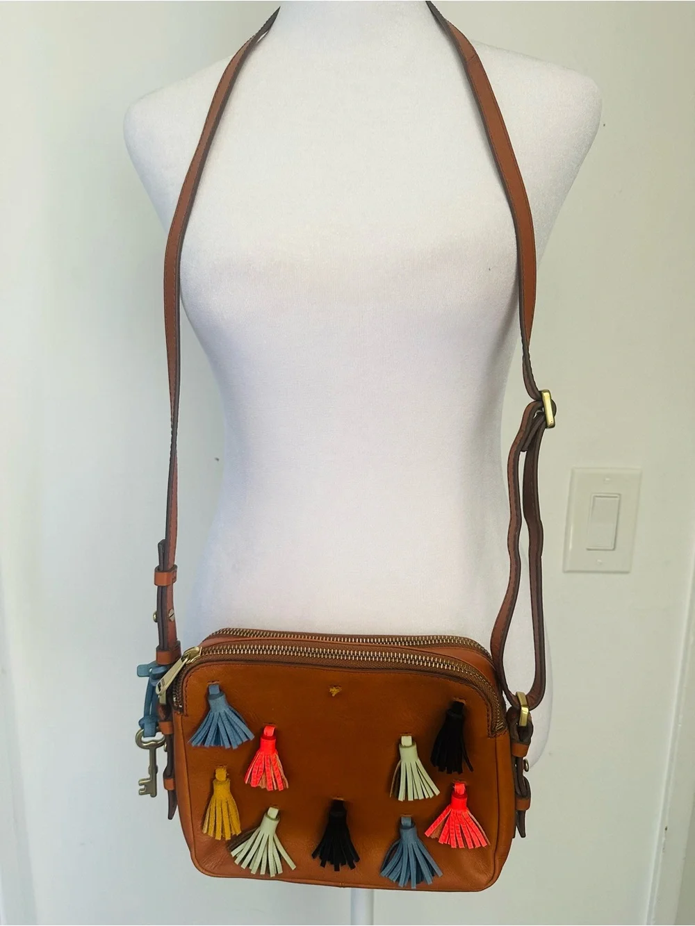 Fossil Piper Toaster Leather Tassel Crossbody Bag - Cognac Multi